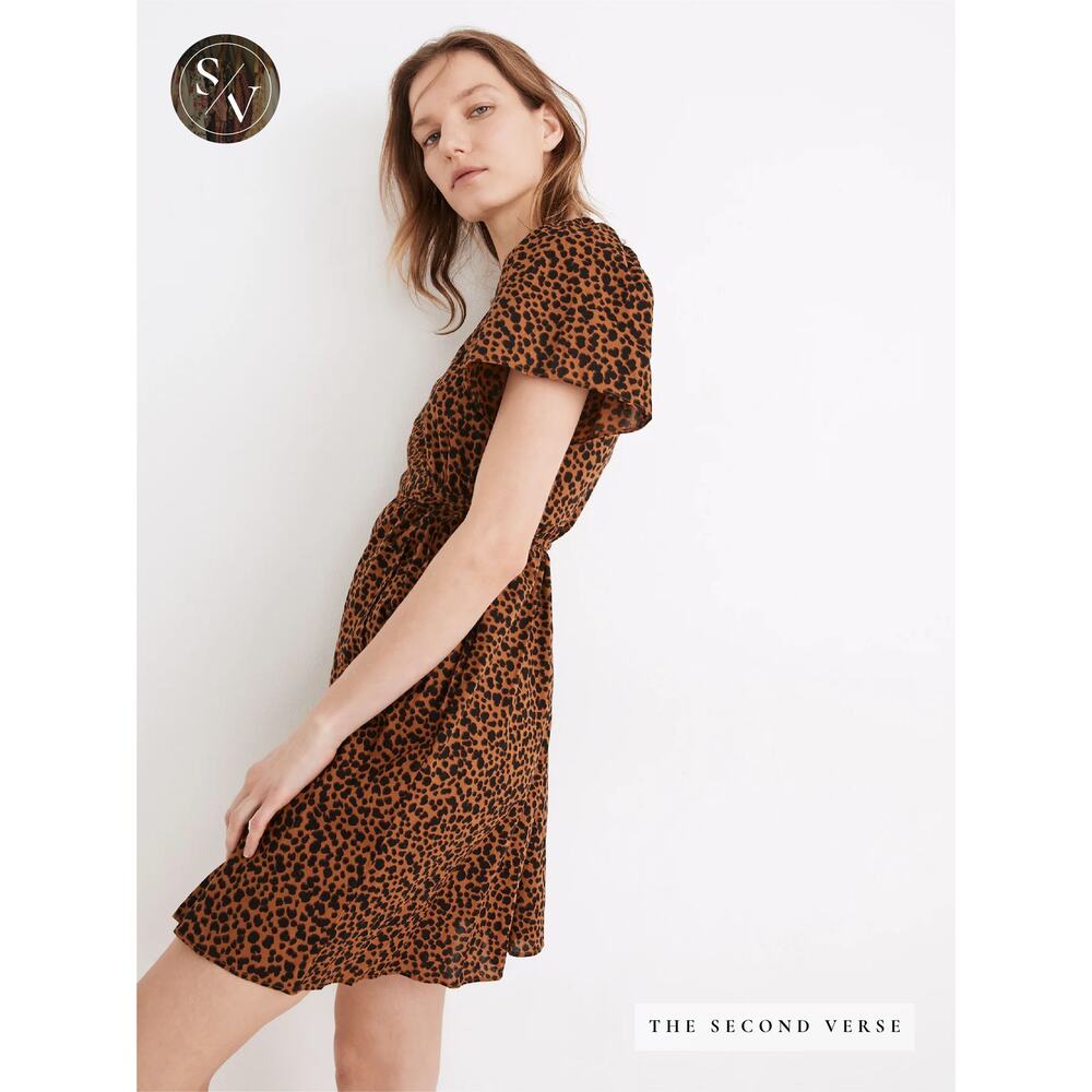 Madewell Flutter-Sleeve Wrap Mini Dress in Painted Leopard Size Medium - Picture 2 of 13